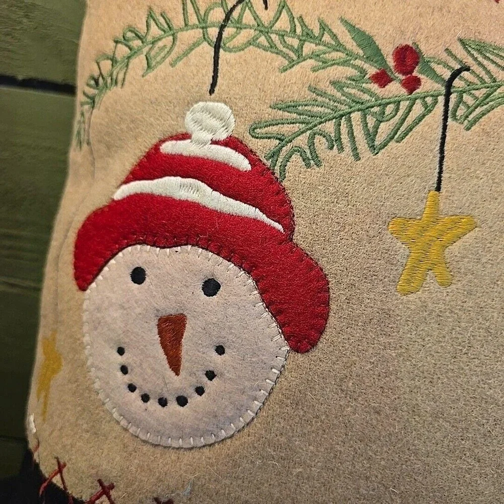 Christmas Snowman Candy Cane Embroidered‎ Applique Holiday Decor Accent Pillow